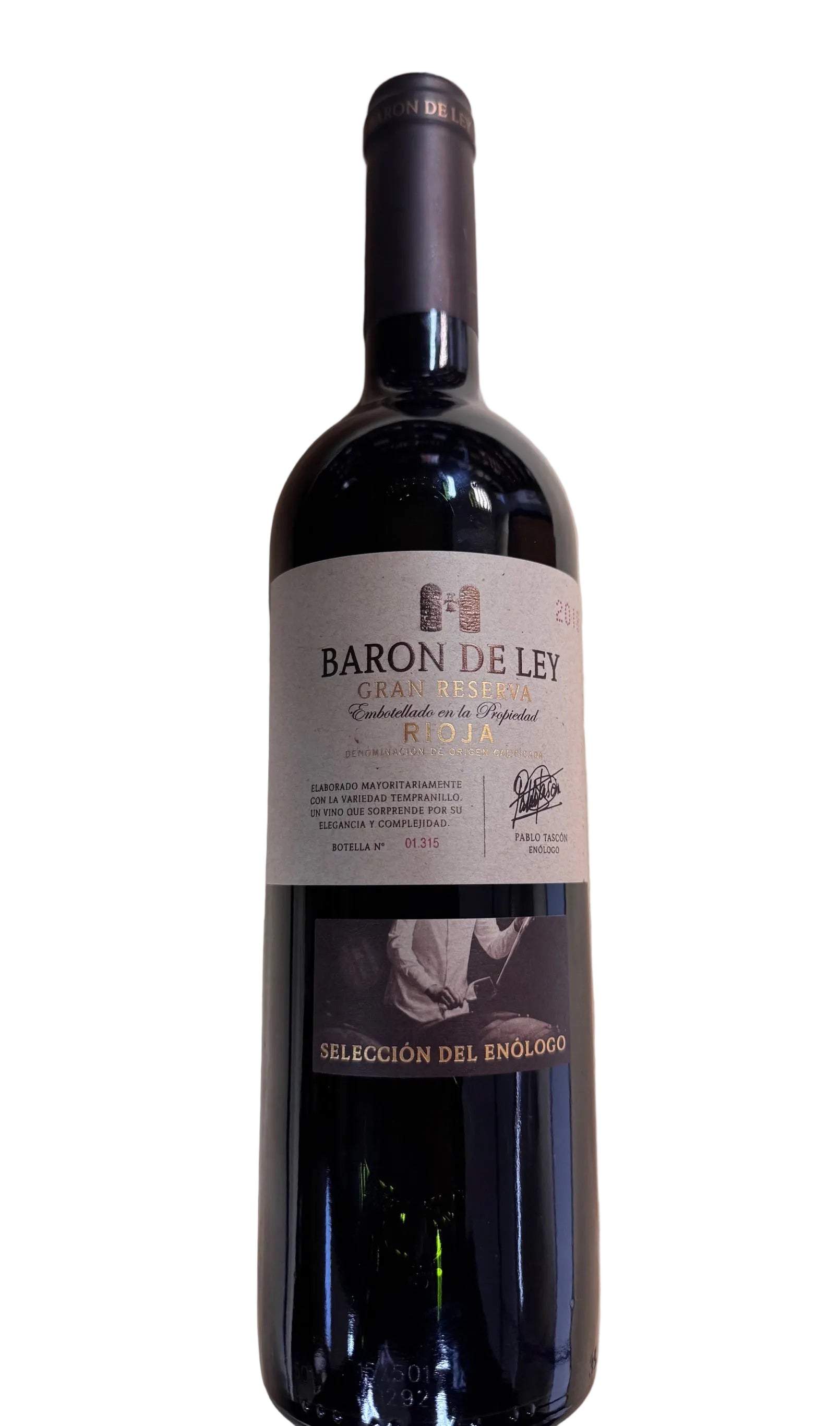 Baron de Ley wine bottle on a white background