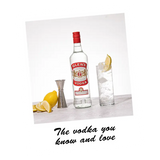 Glen's Vodka bottle with a glass of ice and lemon on a white background