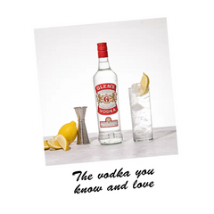 Glen's Vodka bottle with a glass of ice and lemon on a white background