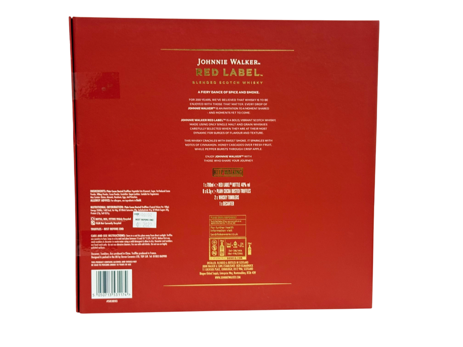 Back view of a Johnnie Walker Red Label whisky box with text and branding.