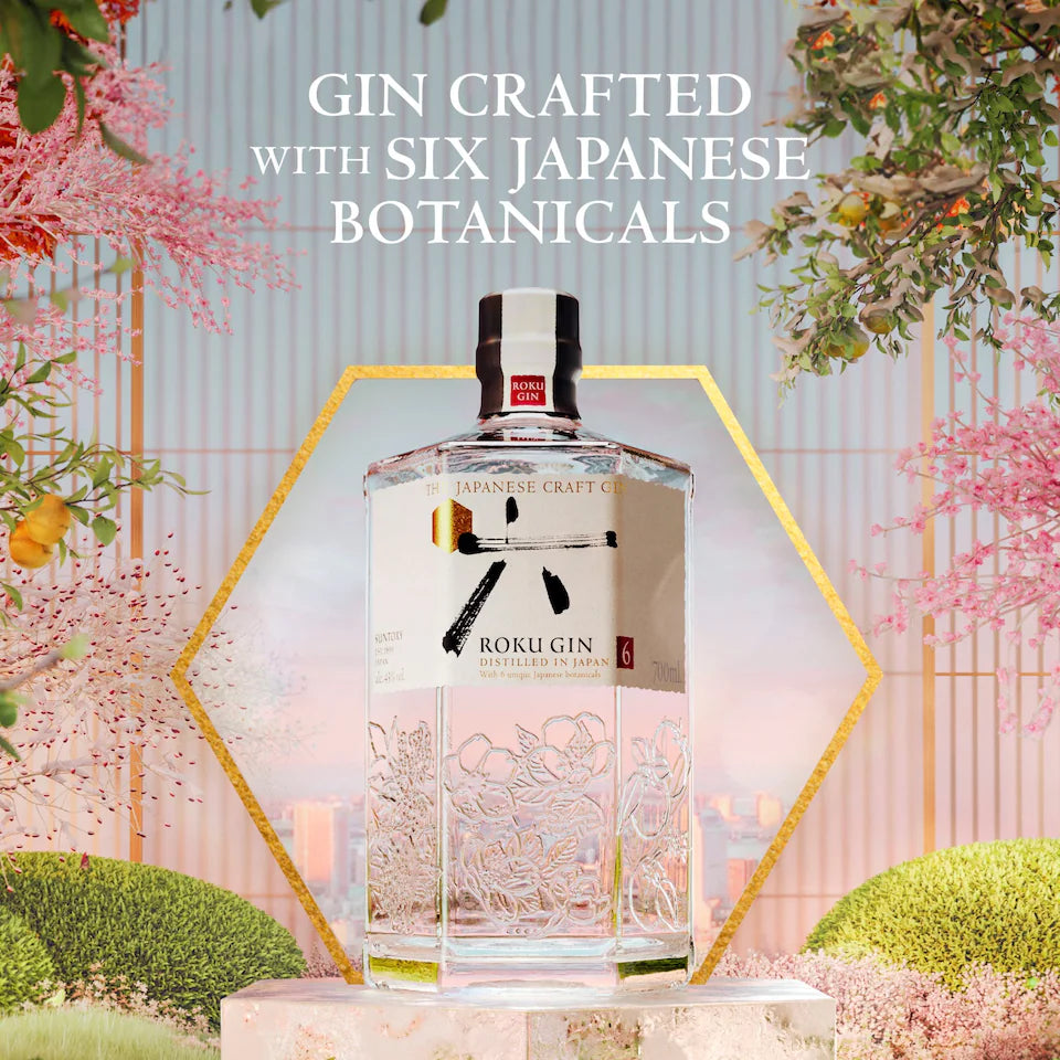 Roku Gin bottle with floral and garden background