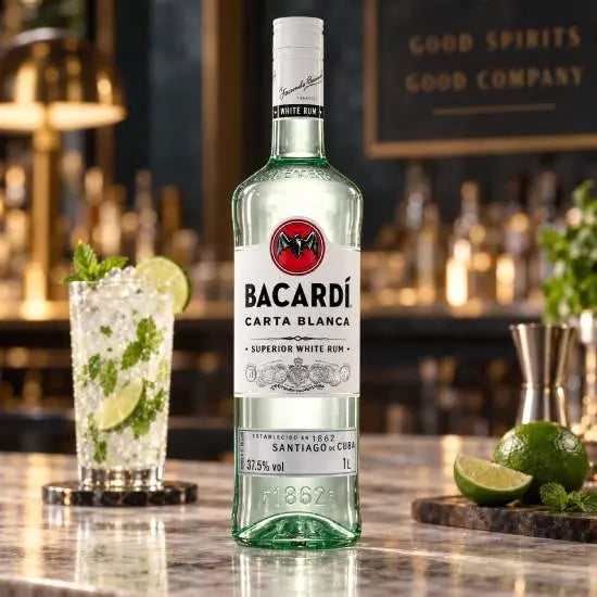 Bacardi Carta Blanca rum 1 litre bottle, front view