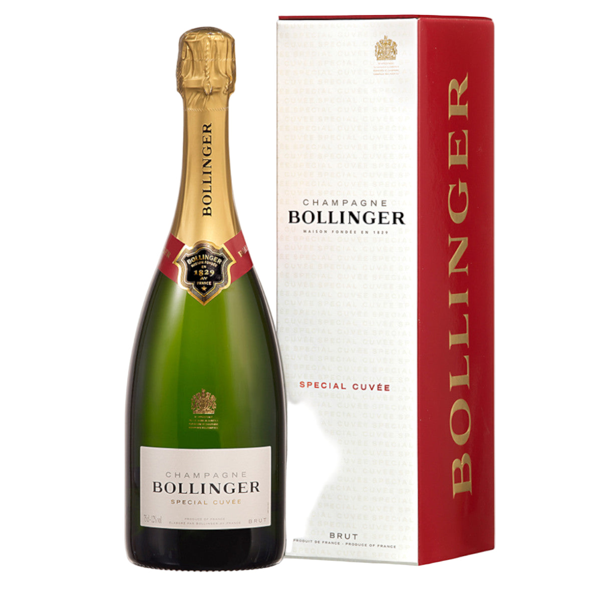 Bollinger champagne bottle and packaging on a white background