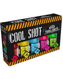 Box of 'Cool Shot' mixed vodka shots with colorful shot glasses on a black background.