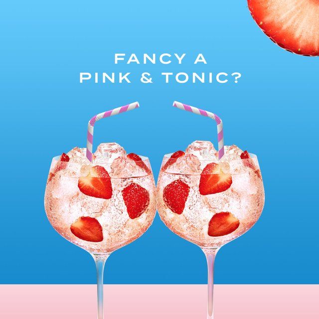 Two glasses of pink cocktail with strawberries and straws on a blue background with text 'Fancy a Pink & Tonic?'.
