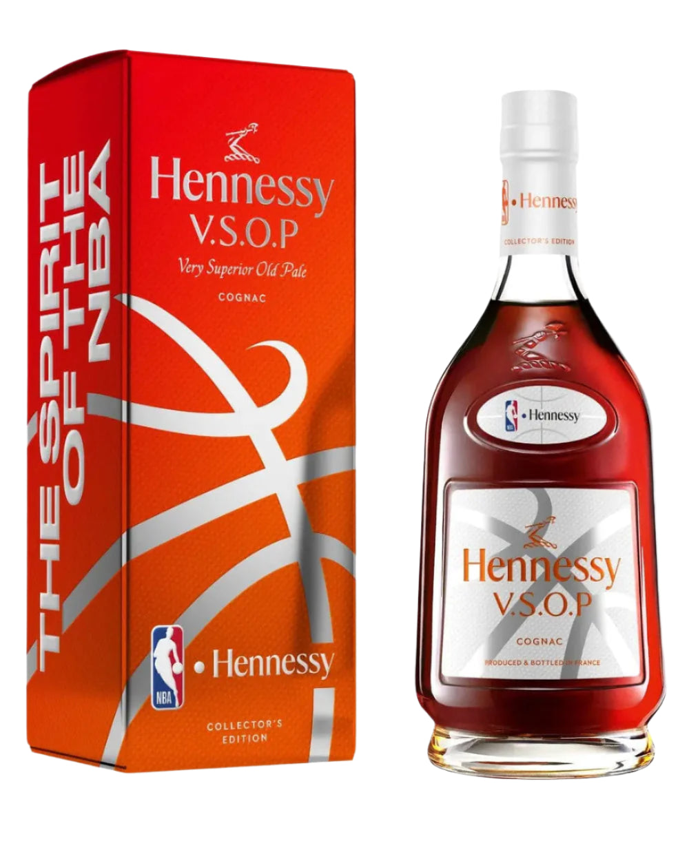 Hennessy V.S.O.P cognac bottle and packaging with NBA branding on a white background

